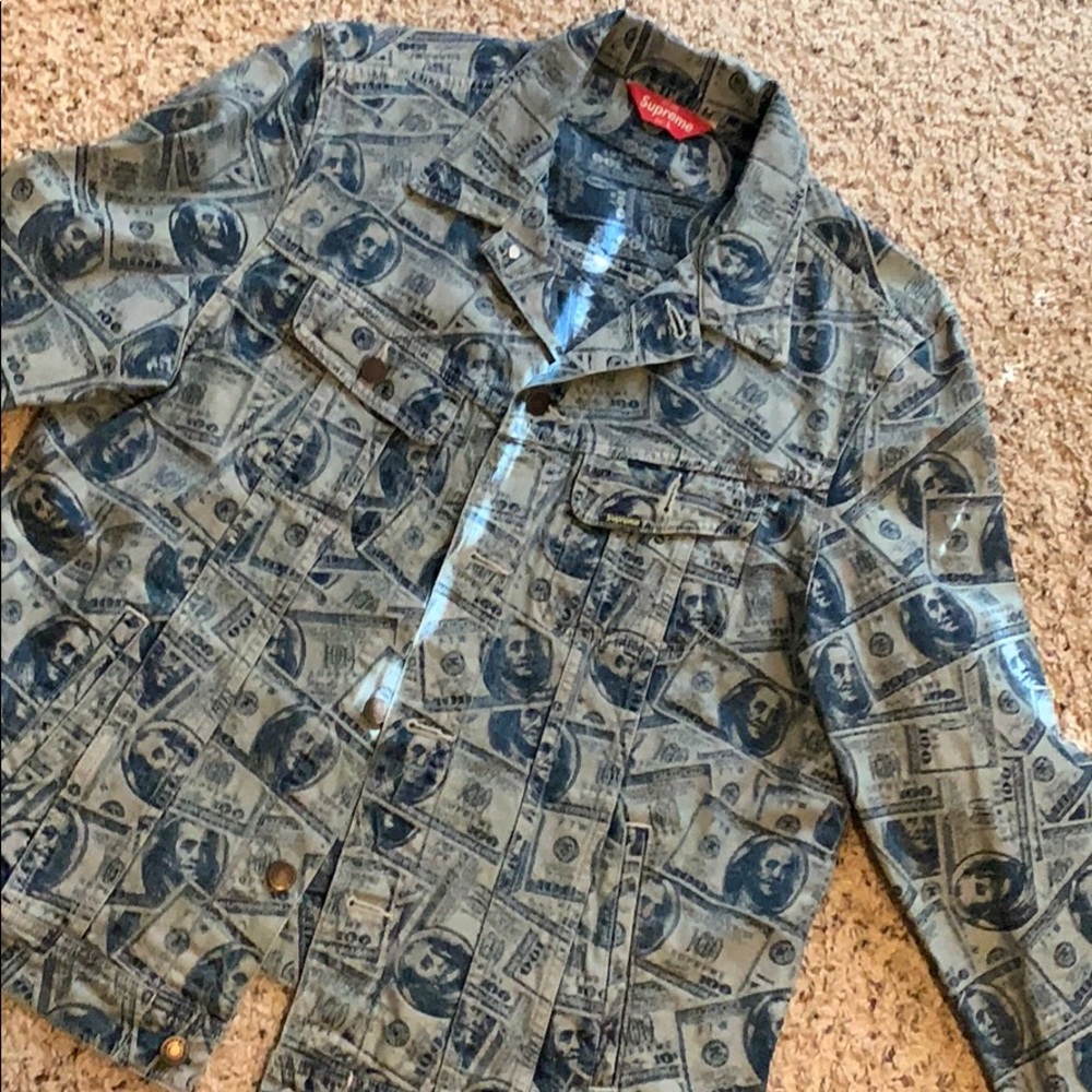 Supreme 100 Dollar Bill Trucker Jacket Blue